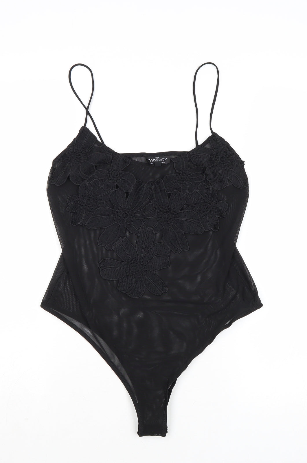 Topshop Womens Black Polyester Bodysuit One-Piece Size 14 Snap - Flower Detail
