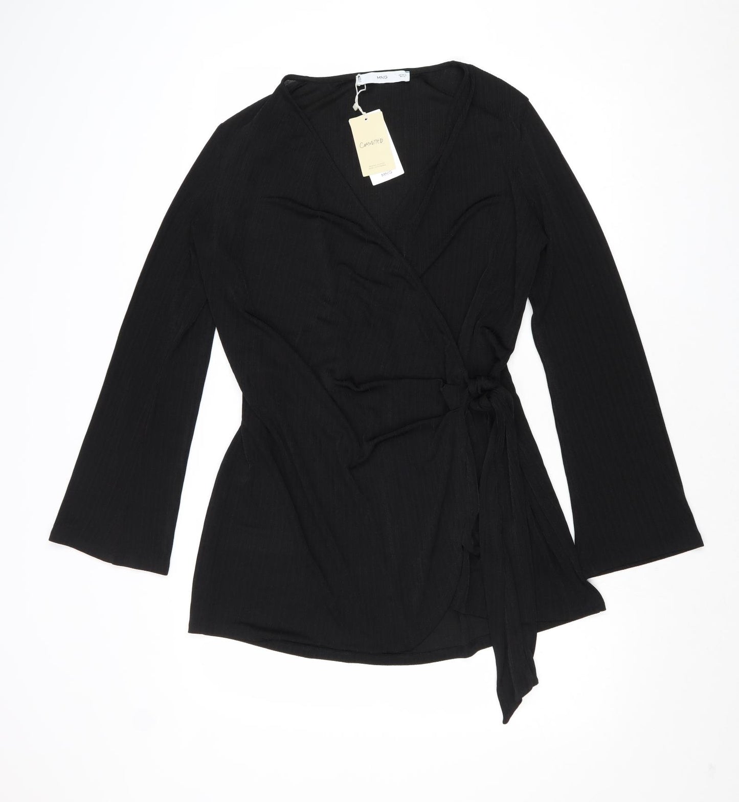Mango Womens Black Polyester Wrap Dress Size XL V-Neck Tie
