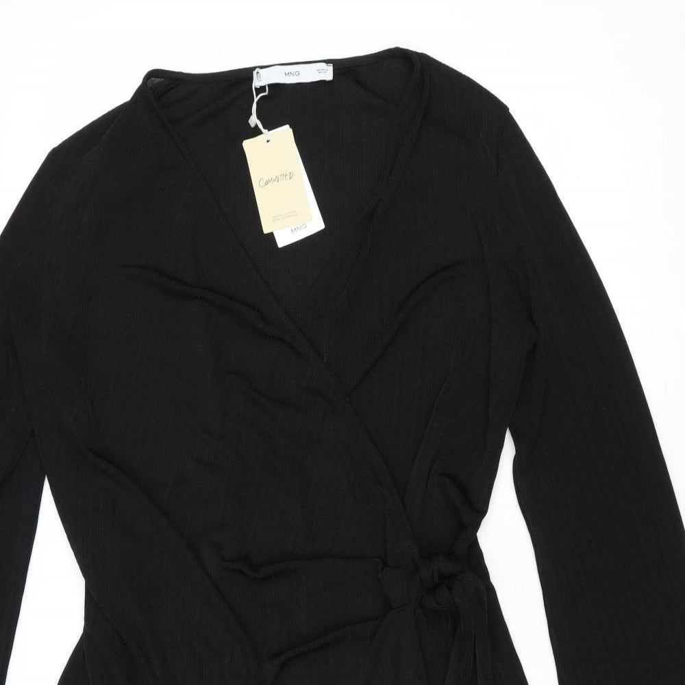 Mango Womens Black Polyester Wrap Dress Size XL V-Neck Tie