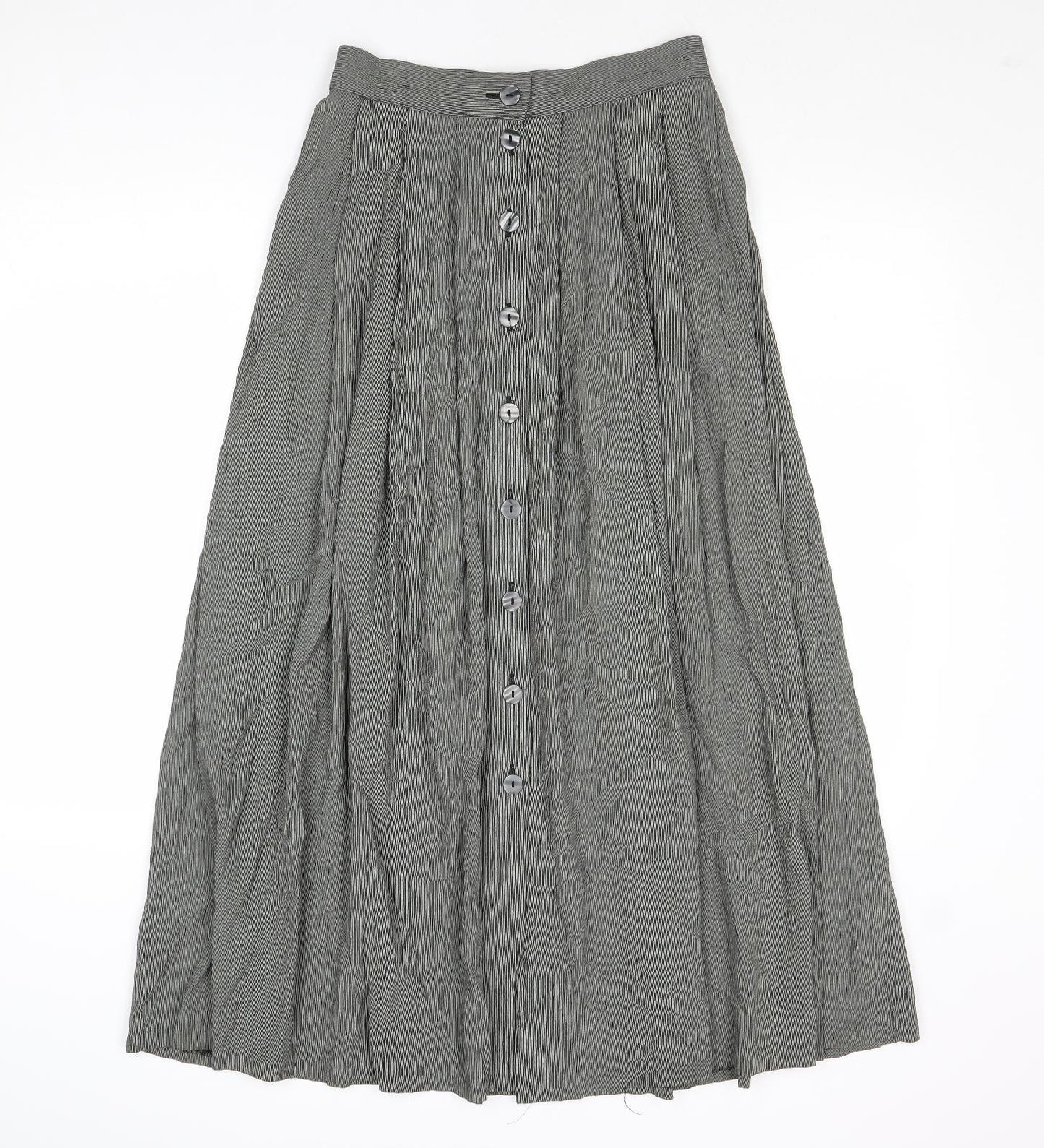 Marks and Spencer Womens Black Striped Viscose Pleated Skirt Size 10 Button