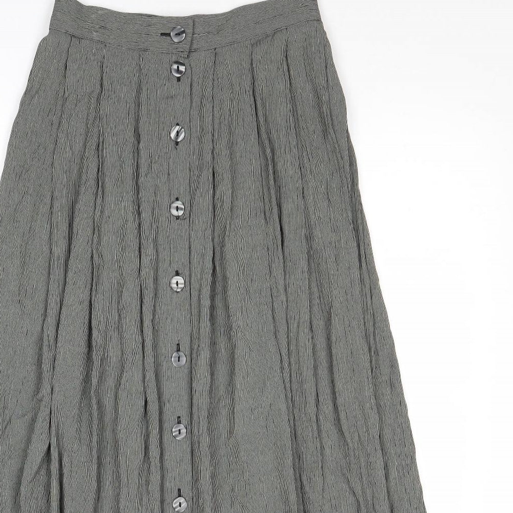 Marks and Spencer Womens Black Striped Viscose Pleated Skirt Size 10 Button