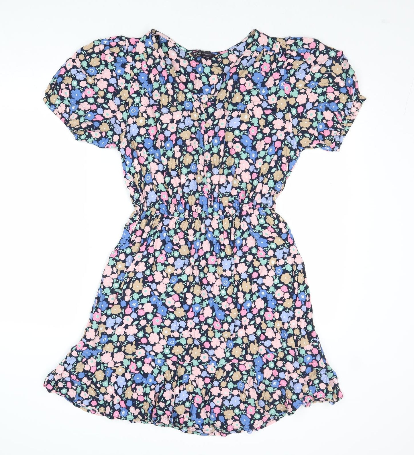 Marks and Spencer Womens Multicoloured Floral Viscose Fit & Flare Size 10 V-Neck Button
