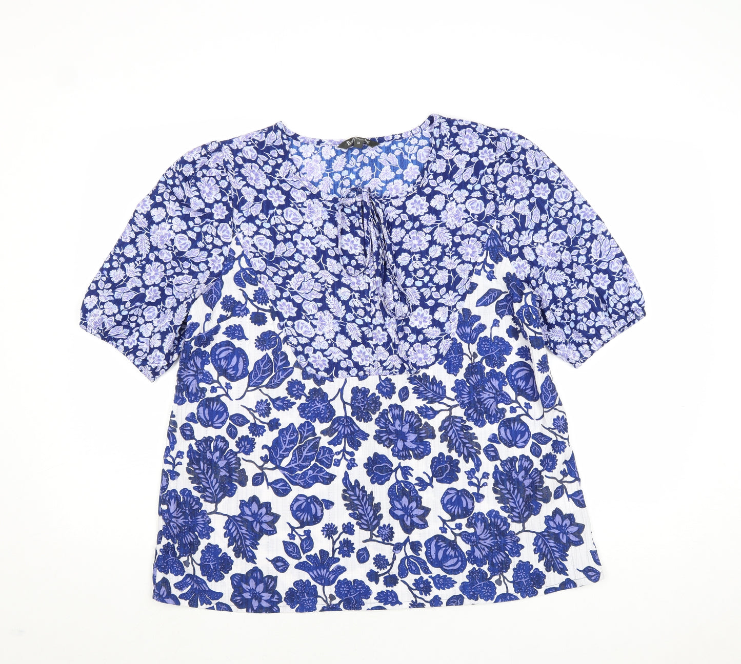 Bonmarché Womens Blue Floral Polyester Basic Blouse Size 14 Boat Neck