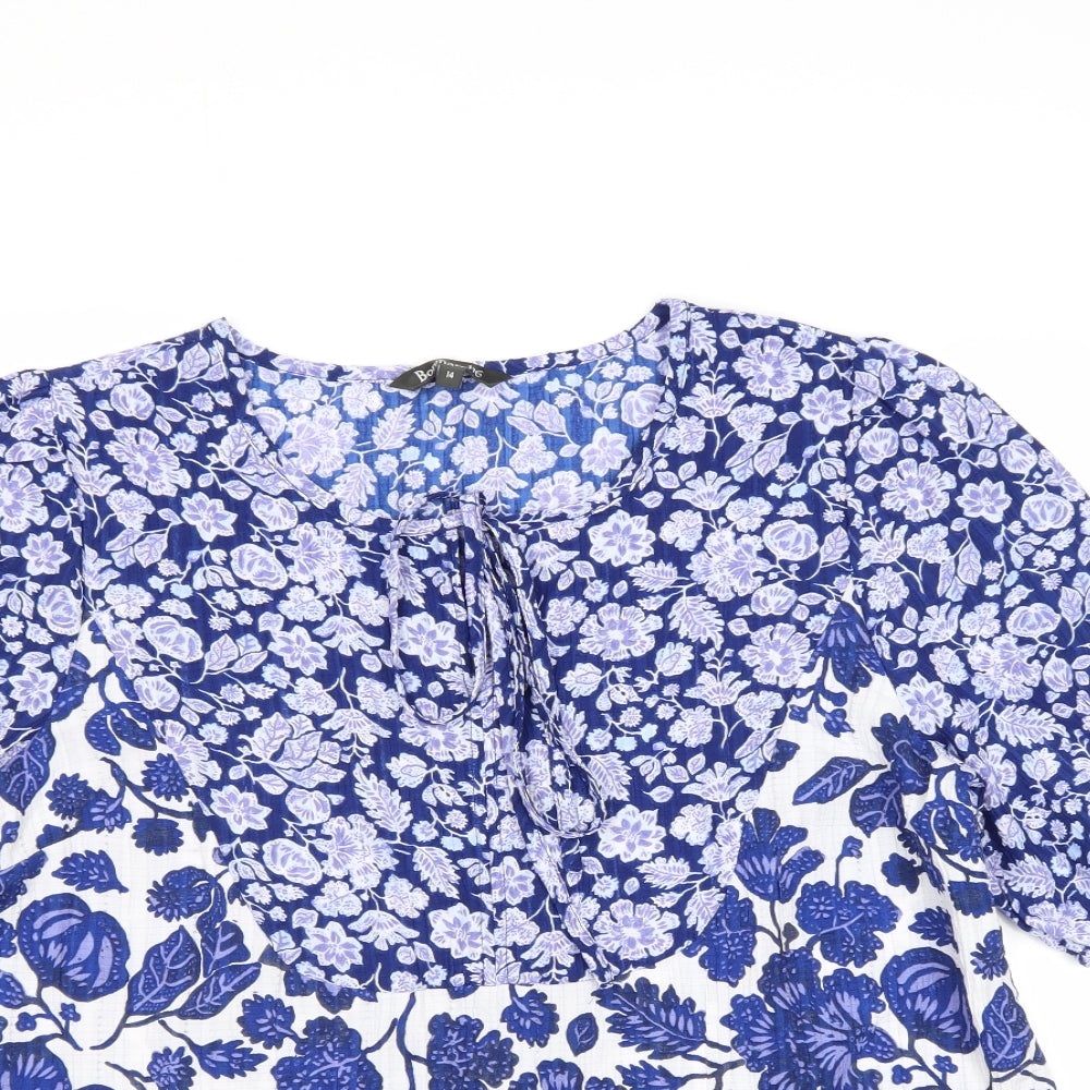Bonmarché Womens Blue Floral Polyester Basic Blouse Size 14 Boat Neck