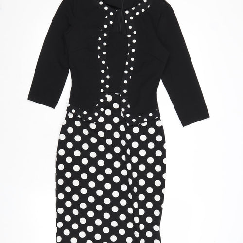 Homeyee Womens Black Polka Dot Polyester A-Line Size 8 Round Neck Zip