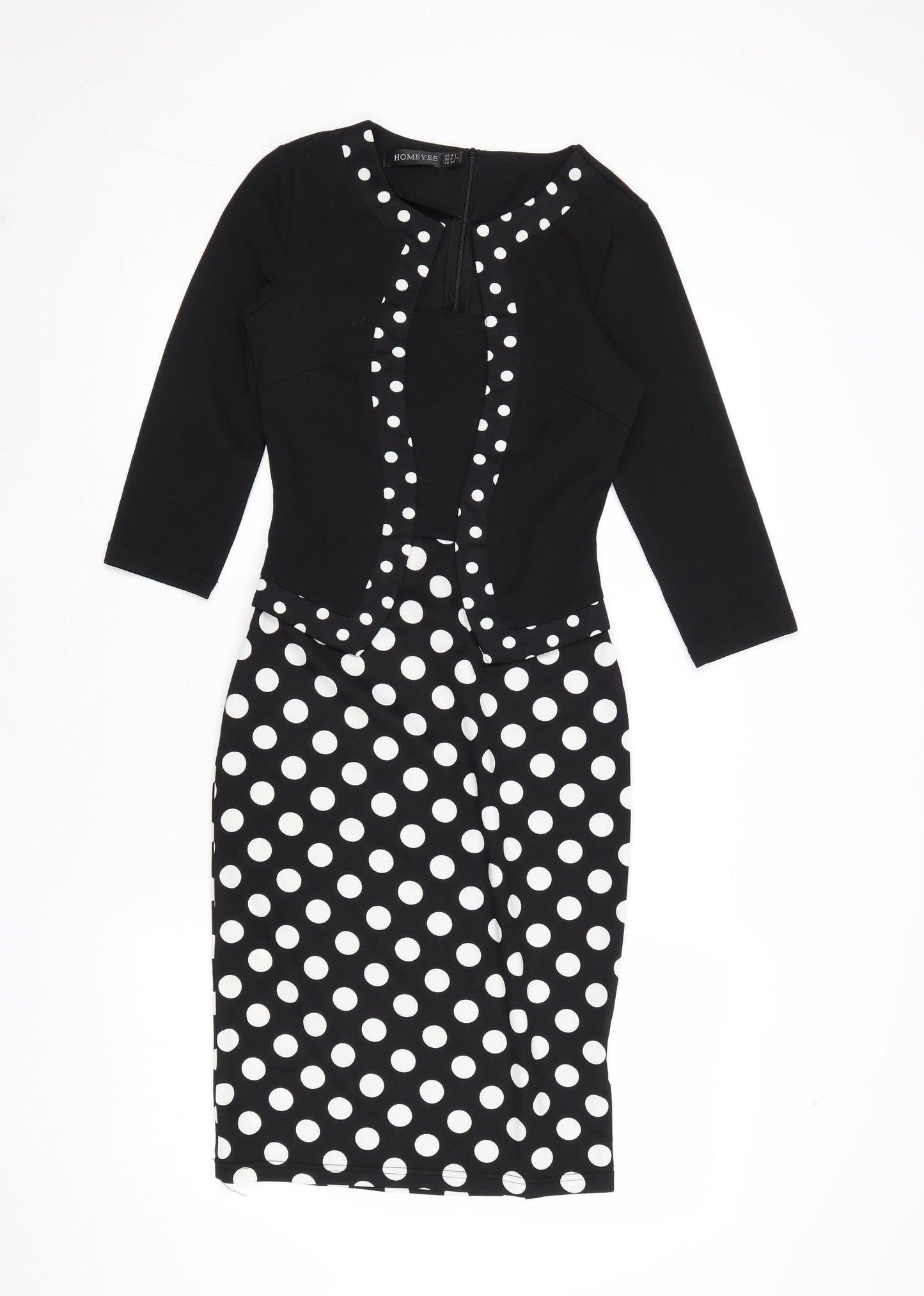 Homeyee Womens Black Polka Dot Polyester A-Line Size 8 Round Neck Zip