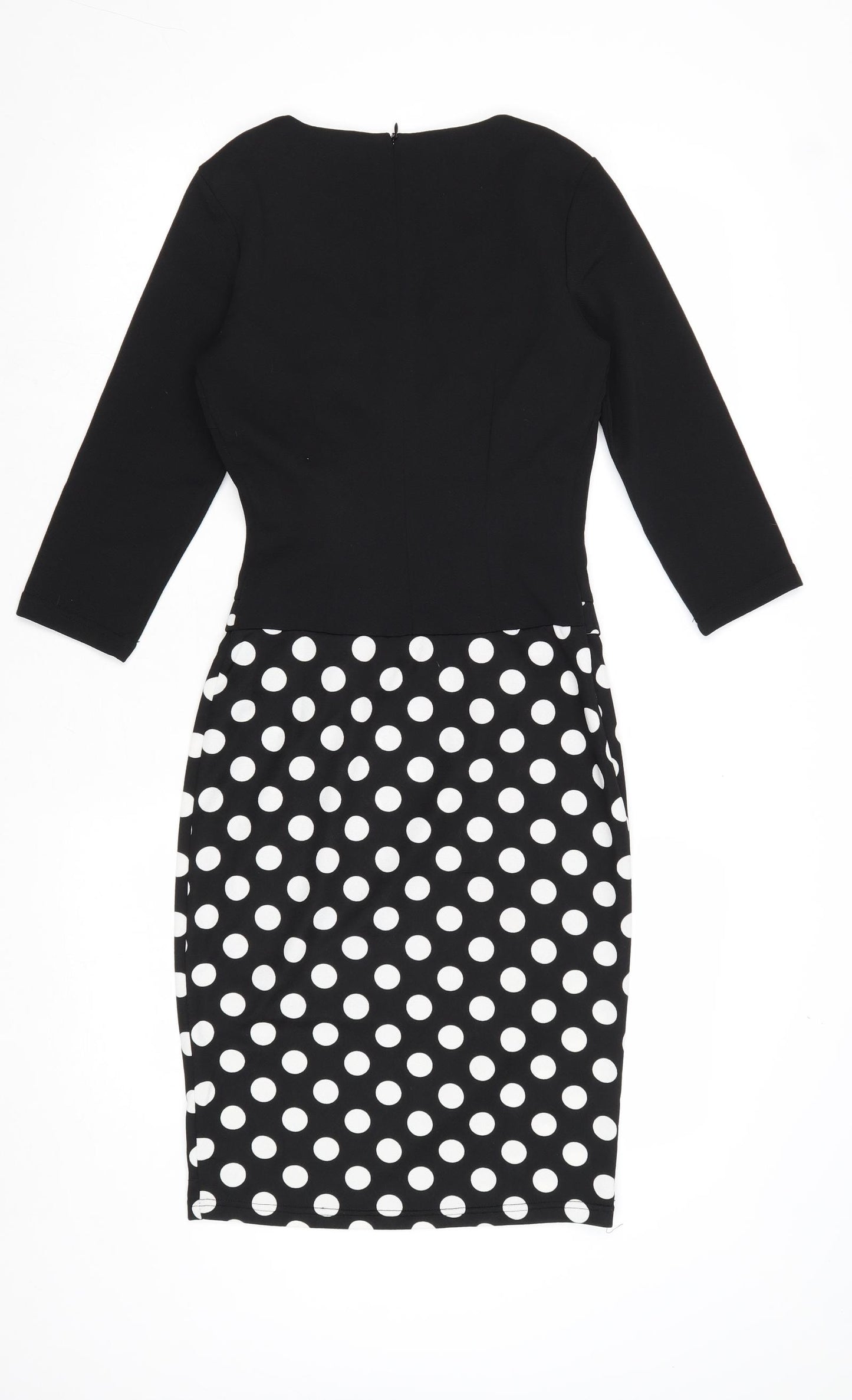 Homeyee Womens Black Polka Dot Polyester A-Line Size 8 Round Neck Zip