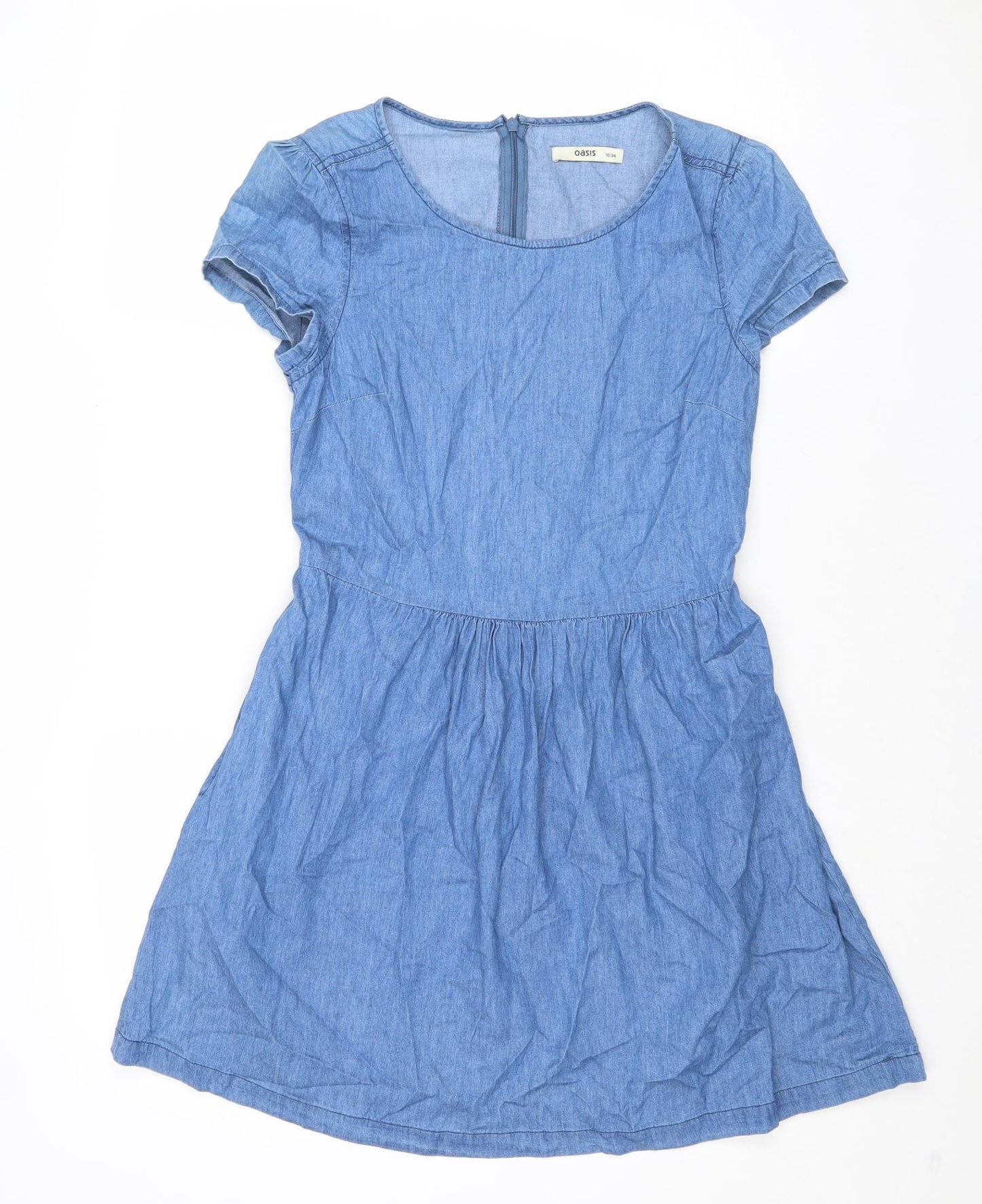 Oasis Womens Blue Cotton Fit & Flare Size 10 Round Neck Zip