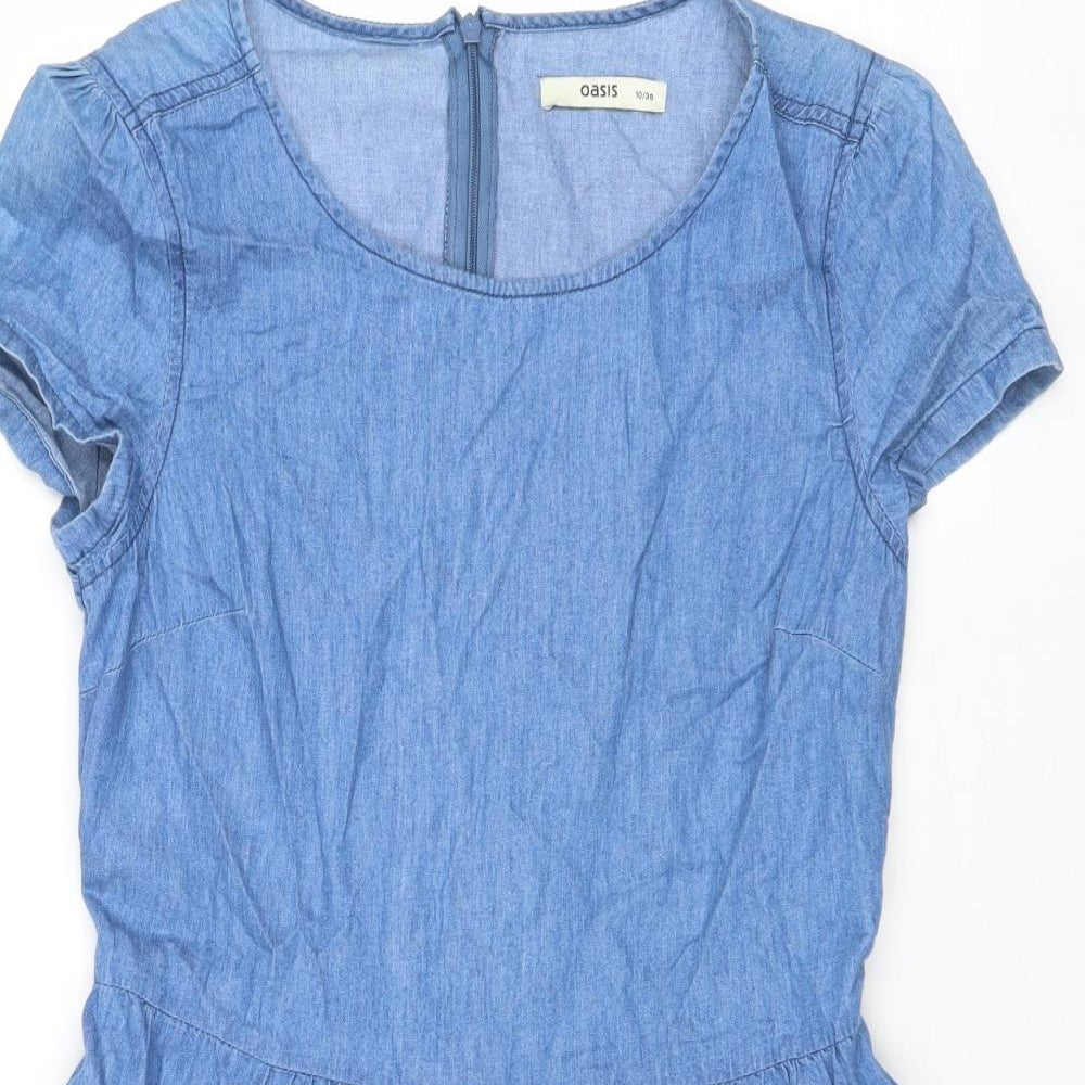 Oasis Womens Blue Cotton Fit & Flare Size 10 Round Neck Zip