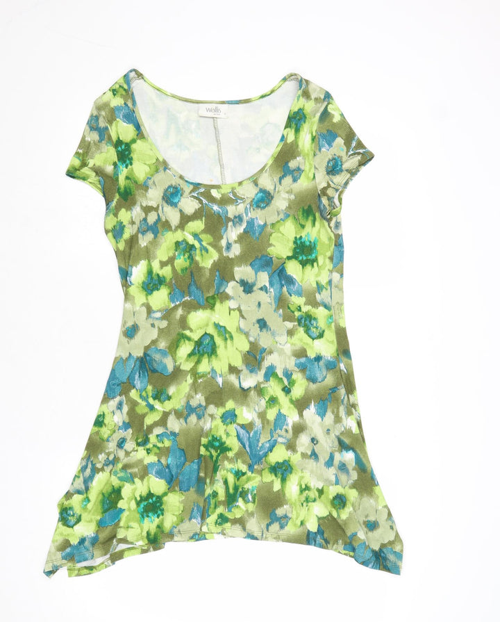 Wallis Womens Green Floral Viscose T-Shirt Dress Size S Scoop Neck Pullover