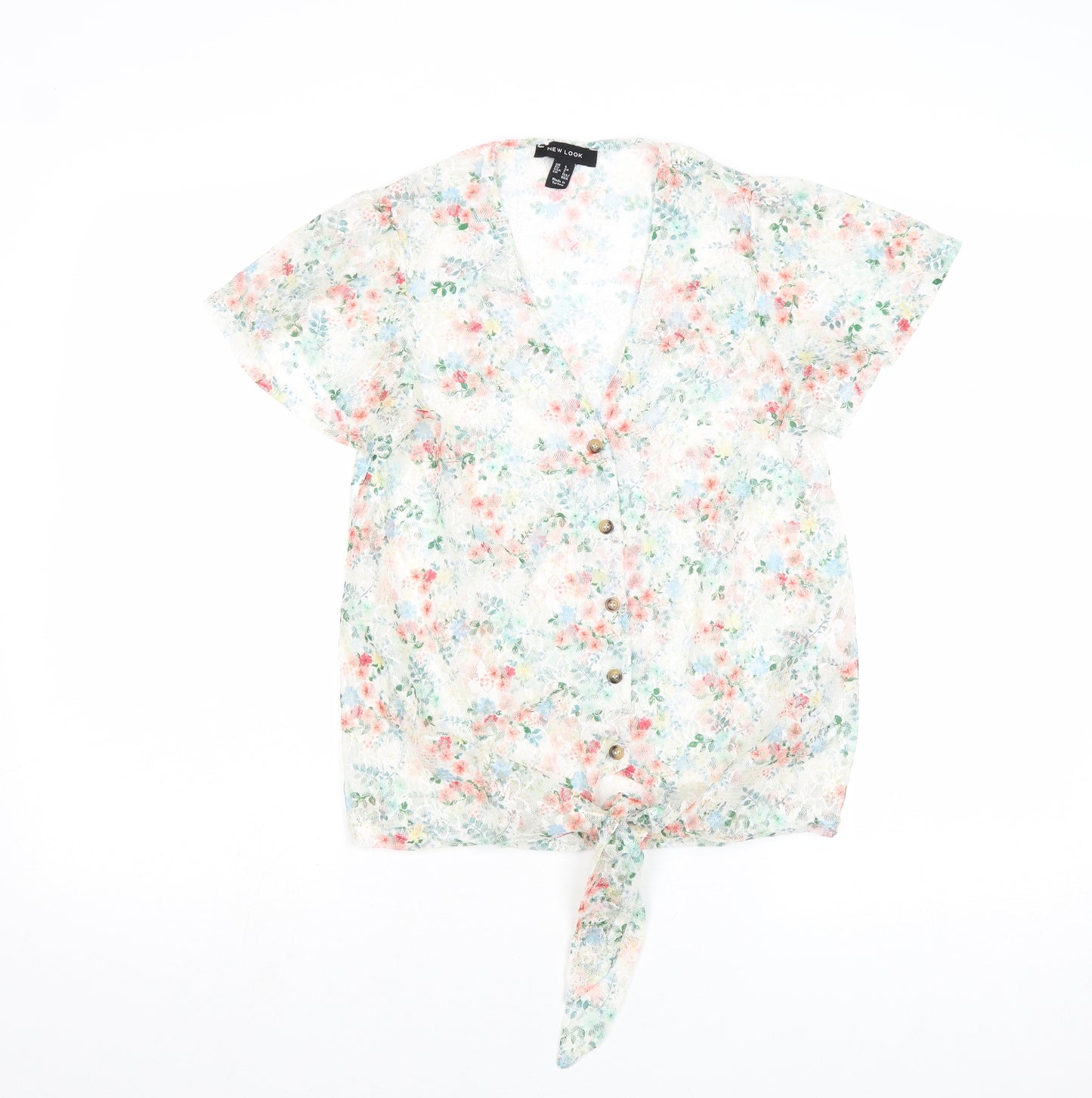 New Look Womens Multicoloured Floral Polyester Basic Button-Up Size 6 V-Neck - Knot Front
