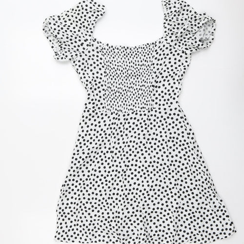 H&M Womens White Polka Dot Viscose Trapeze & Swing Size 12 Round Neck Zip