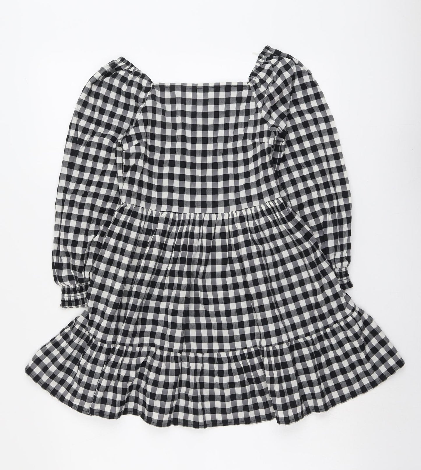Marks and Spencer Girls Black Check Polyester Fit & Flare Size 8-9 Years Square Neck Pullover - Shirred Back