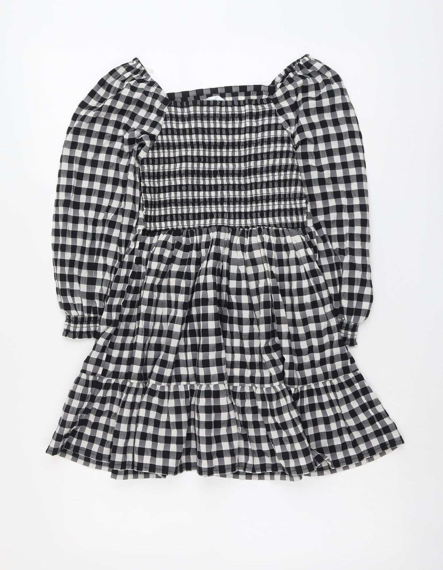 Marks and Spencer Girls Black Check Polyester Fit & Flare Size 8-9 Years Square Neck Pullover - Shirred Back