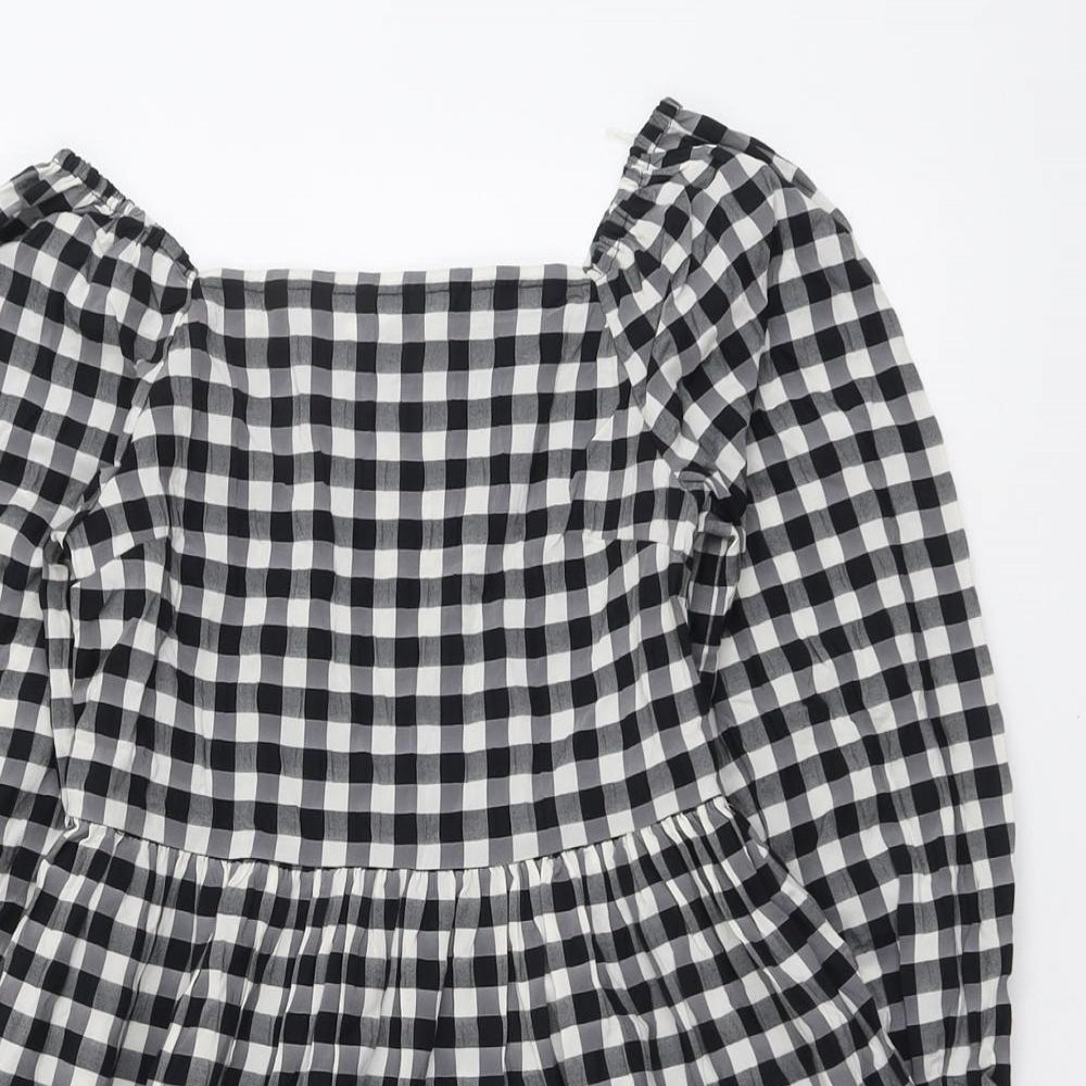 Marks and Spencer Girls Black Check Polyester Fit & Flare Size 8-9 Years Square Neck Pullover - Shirred Back
