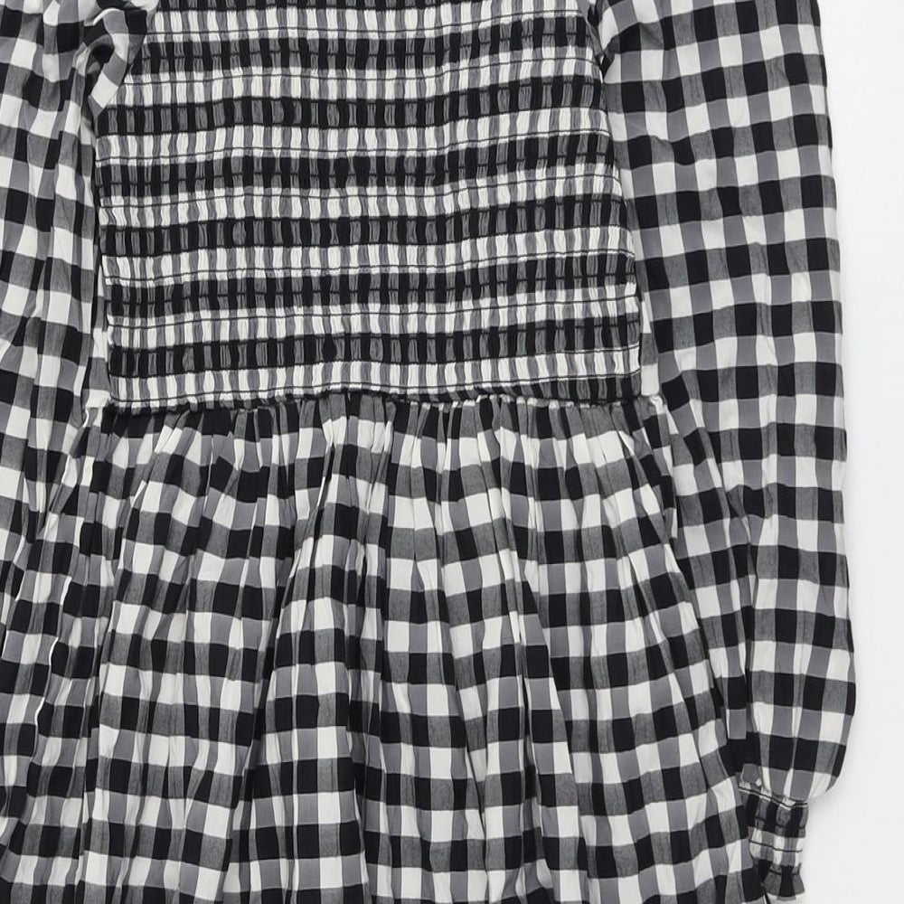 Marks and Spencer Girls Black Check Polyester Fit & Flare Size 8-9 Years Square Neck Pullover - Shirred Back