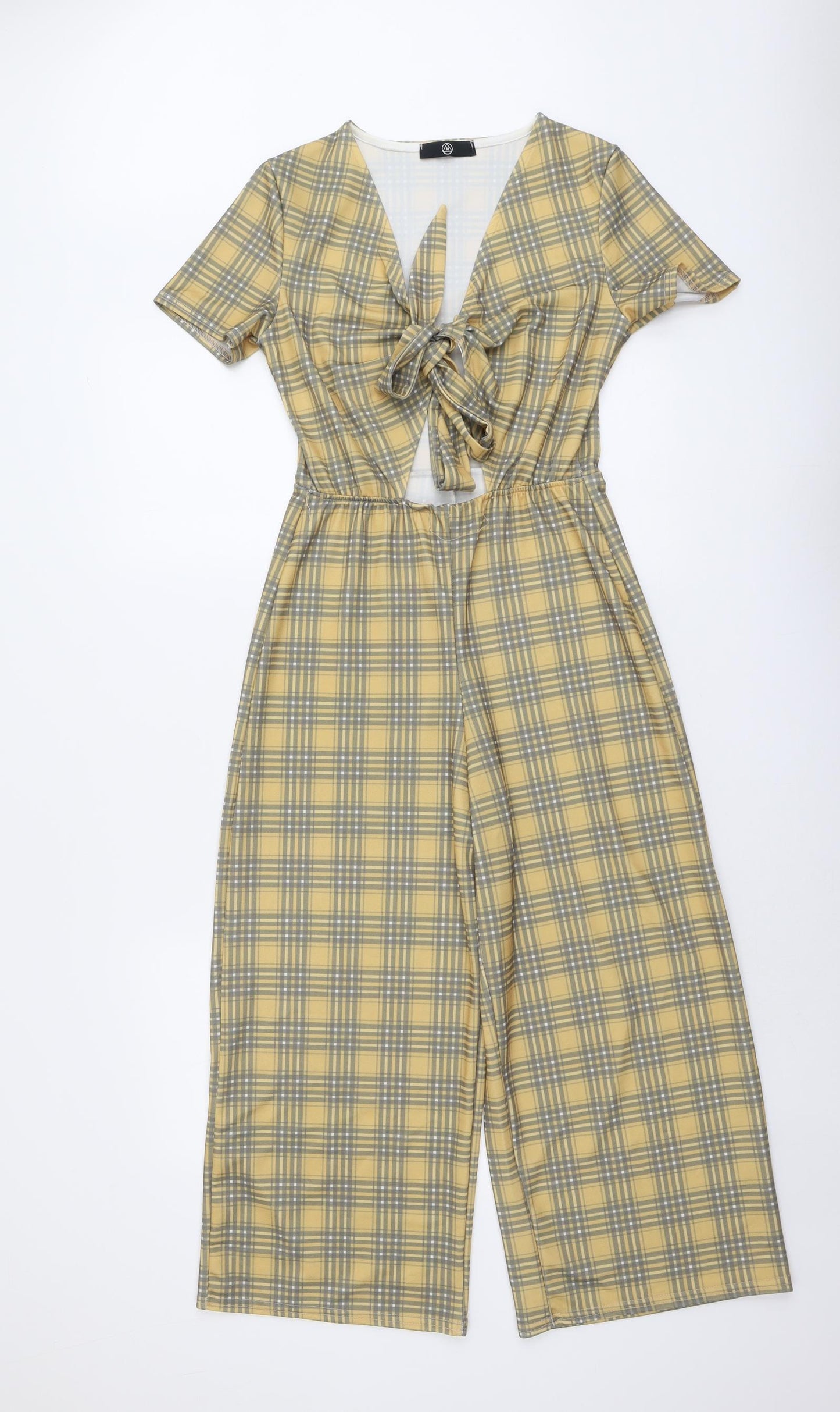 Missguided Womens Yellow Plaid Polyester Jumpsuit One-Piece Size 12 Pullover - Tie Front Detail