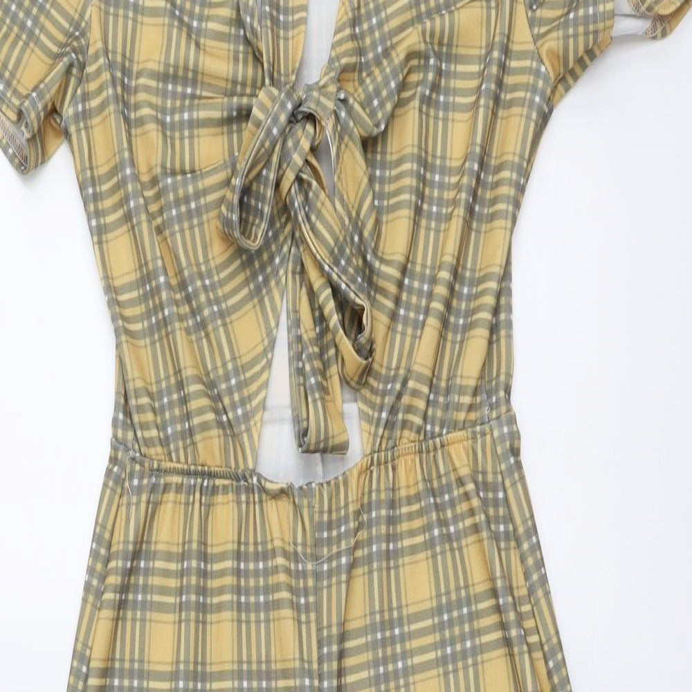 Missguided Womens Yellow Plaid Polyester Jumpsuit One-Piece Size 12 Pullover - Tie Front Detail