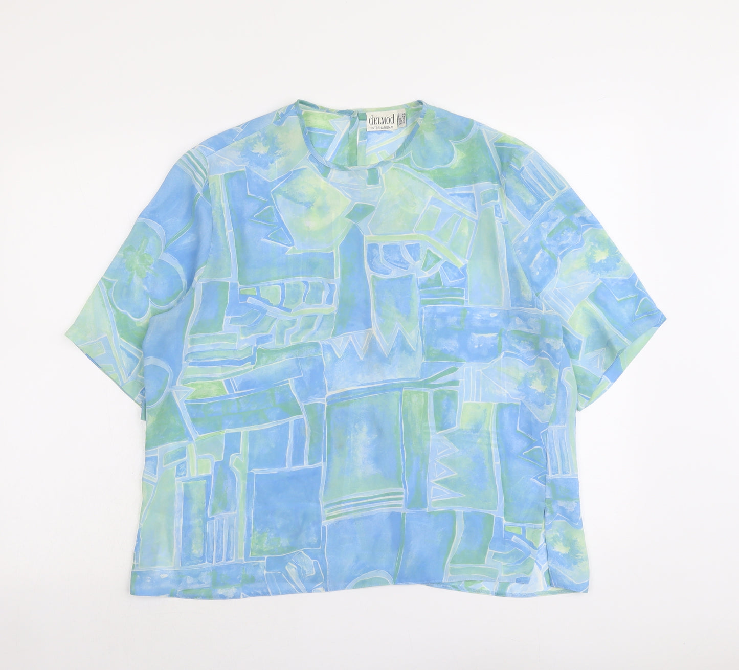 Delmond Womens Blue Geometric Polyester Basic T-Shirt Size 16 Round Neck