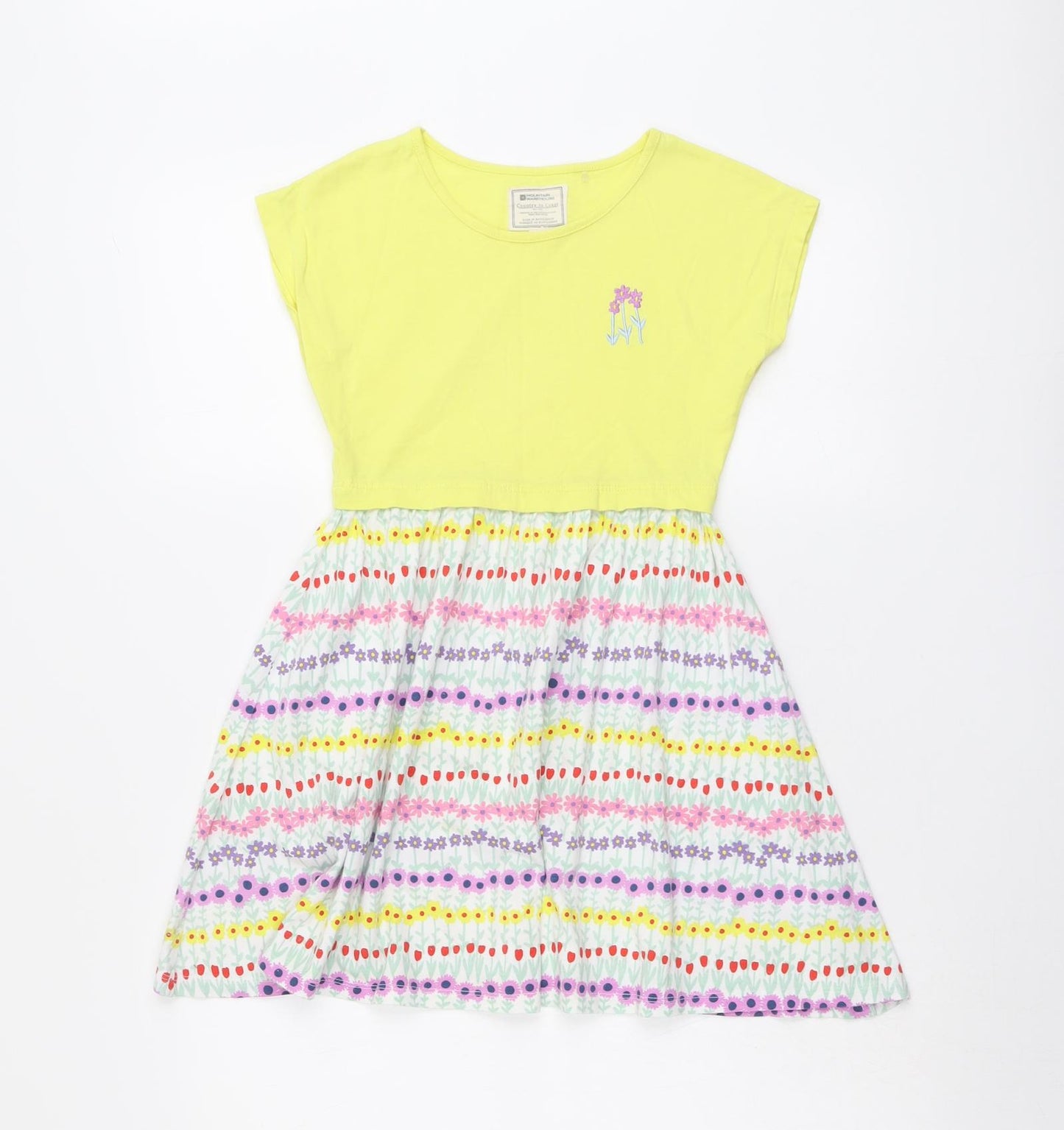 Mountain Warehouse Girls Yellow Floral Cotton T-Shirt Dress Size 7-8 Years Boat Neck Pullover