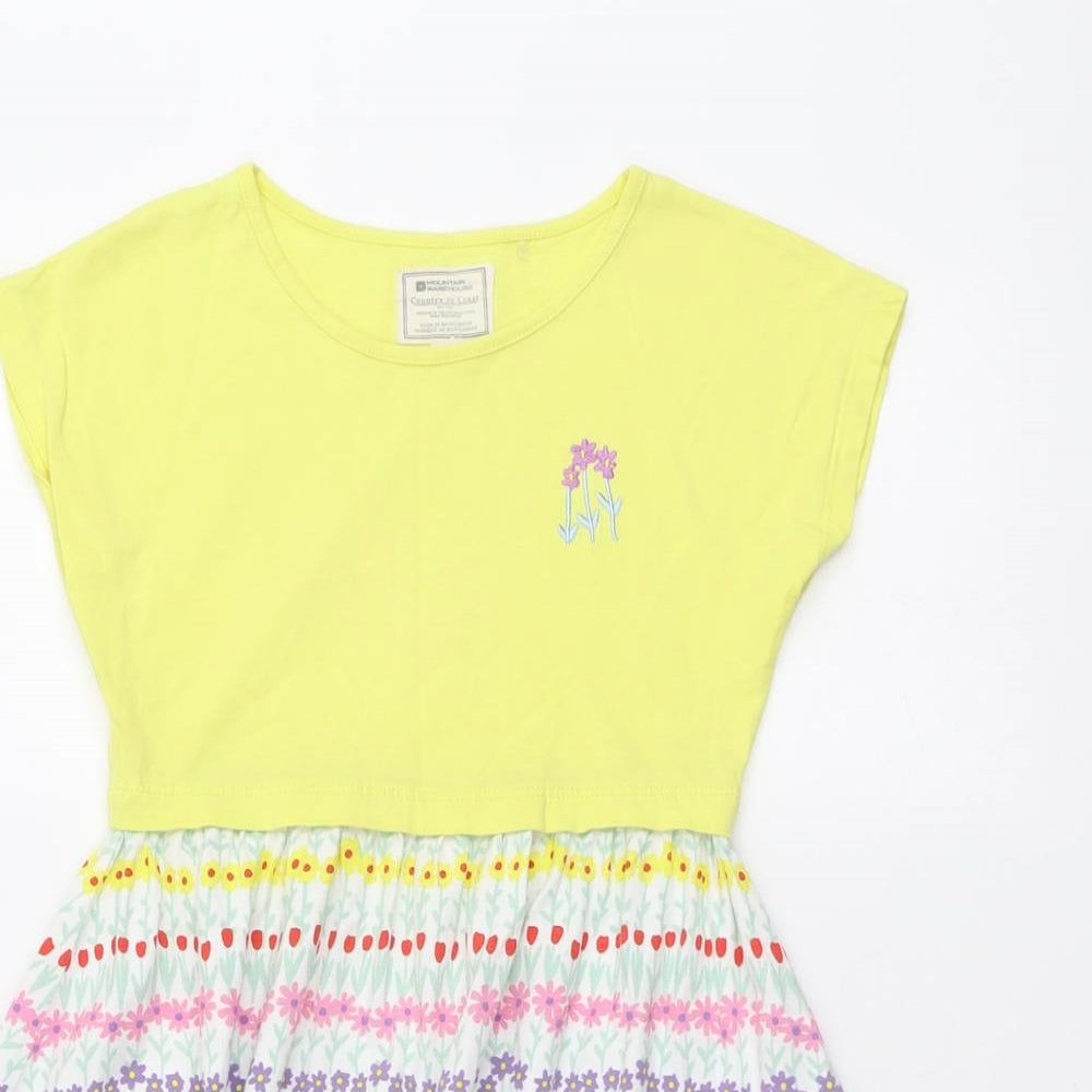 Mountain Warehouse Girls Yellow Floral Cotton T-Shirt Dress Size 7-8 Years Boat Neck Pullover