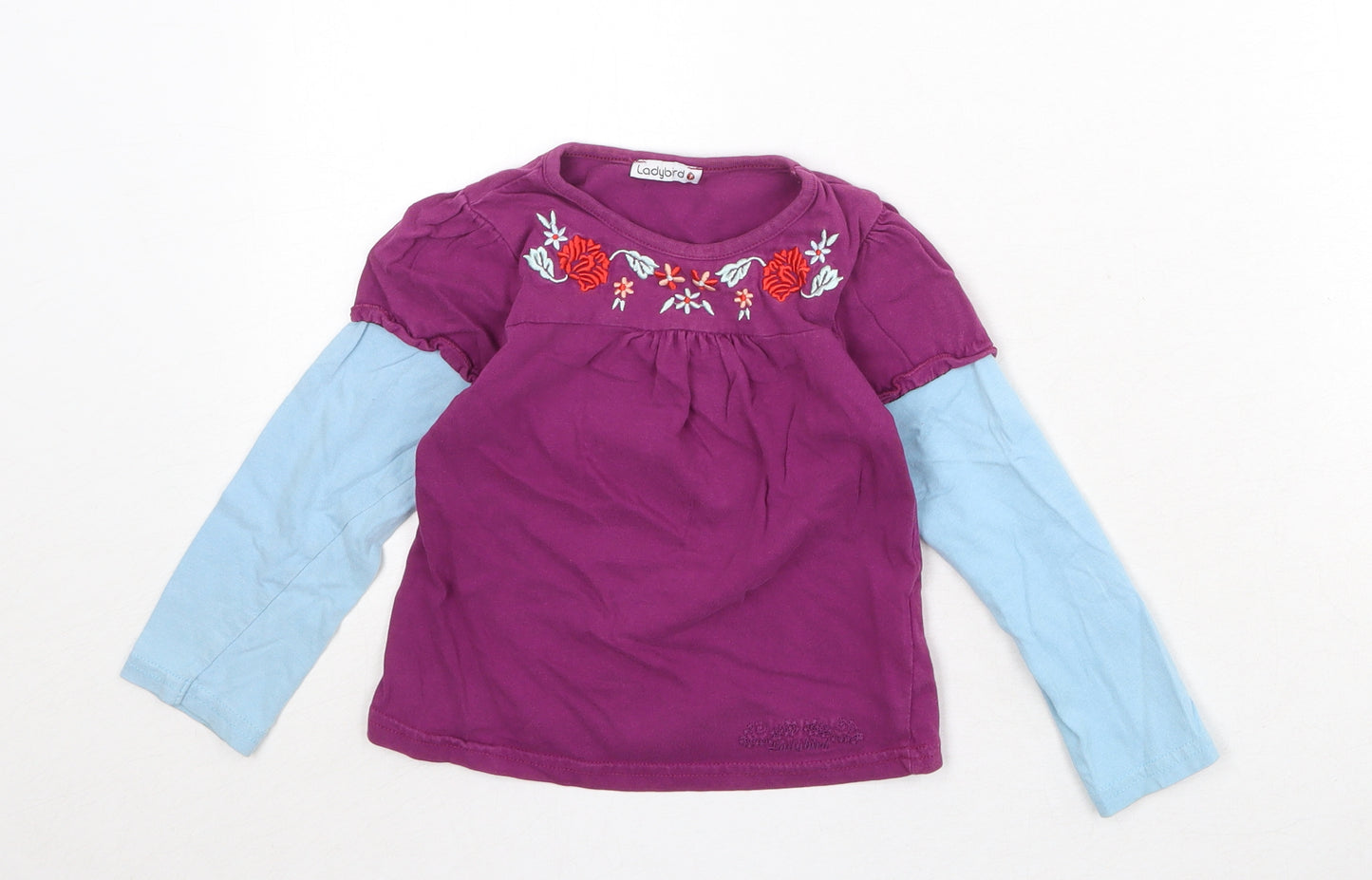 Ladybird Girls Purple 100% Cotton Basic Blouse Size 3-4 Years Round Neck Pullover - Flower Detail