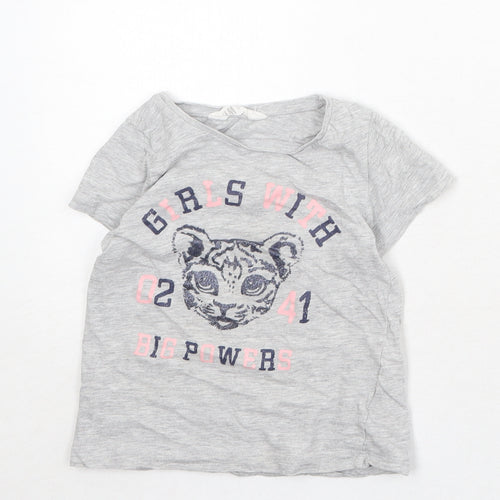 H&M Girls Grey Cotton Basic T-Shirt Size 4-5 Years Round Neck Pullover - Baby Tiger, Size 4-6