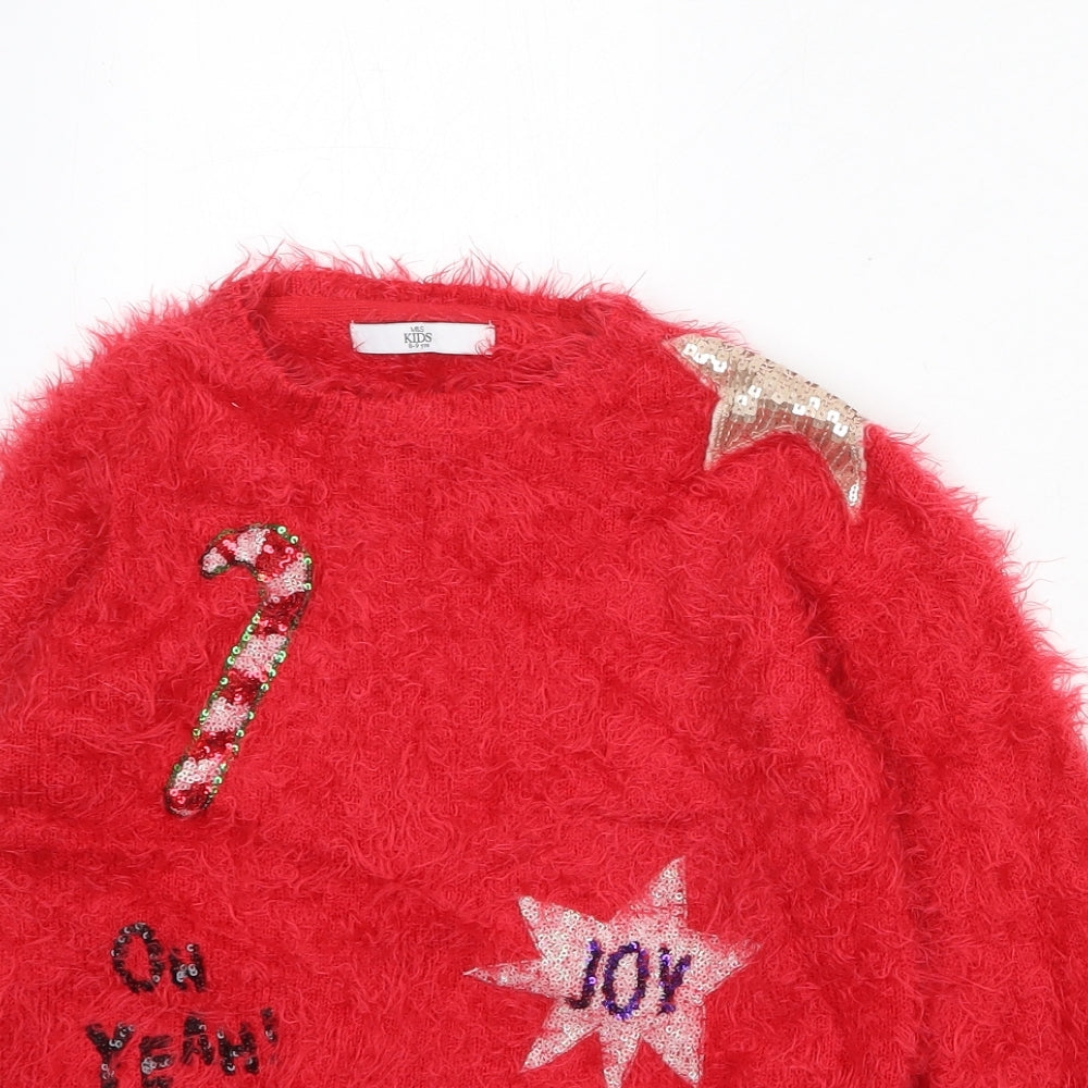 Marks and Spencer Girls Red Round Neck Nylon Pullover Jumper Size 8-9 Years Pullover