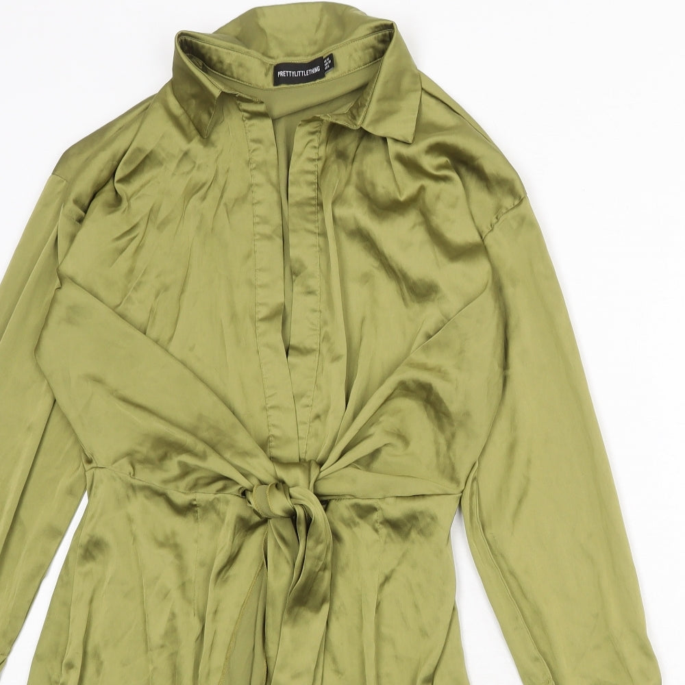 PRETTYLITTLETHING Womens Green Polyester Shirt Dress Size 10 Collared Zip
