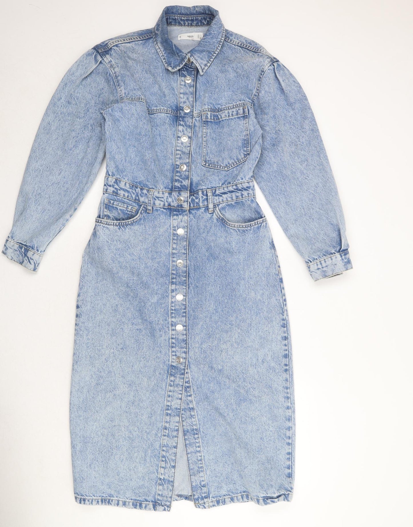 Mango Womens Blue 100% Cotton Shirt Dress Size M Collared Snap