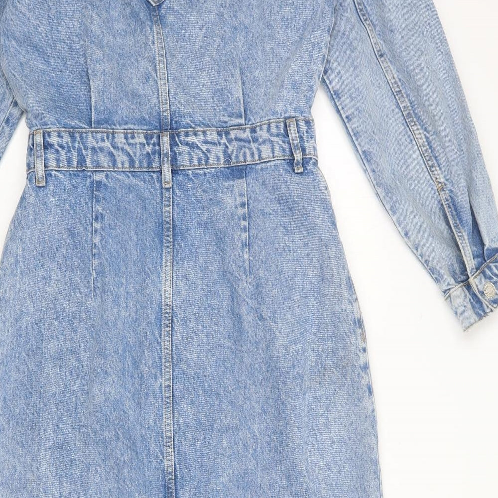 Mango Womens Blue 100% Cotton Shirt Dress Size M Collared Snap