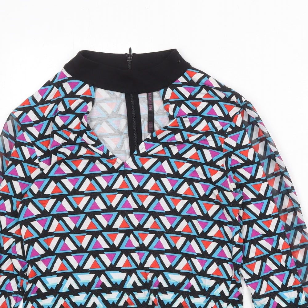 Karen Millen Womens Multicoloured Geometric Viscose Basic Blouse Size 10 Mock Neck - Cut Out