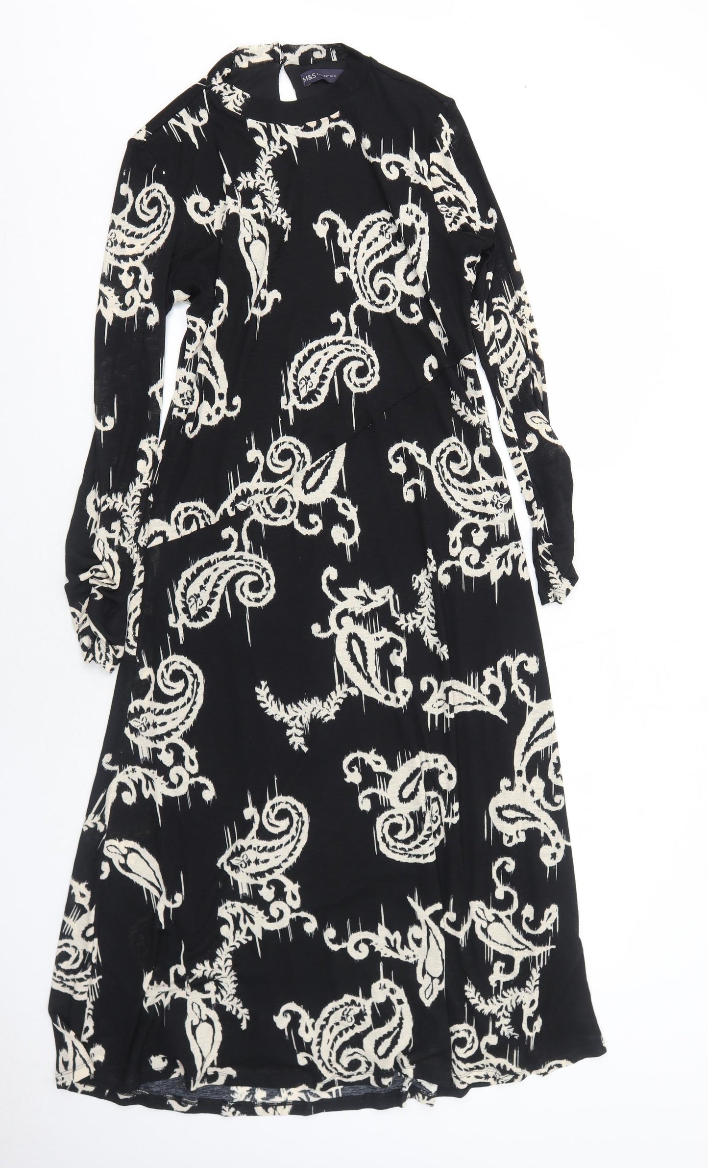 Marks and Spencer Womens Black Paisley Polyester Trapeze & Swing Size 12 Round Neck Button