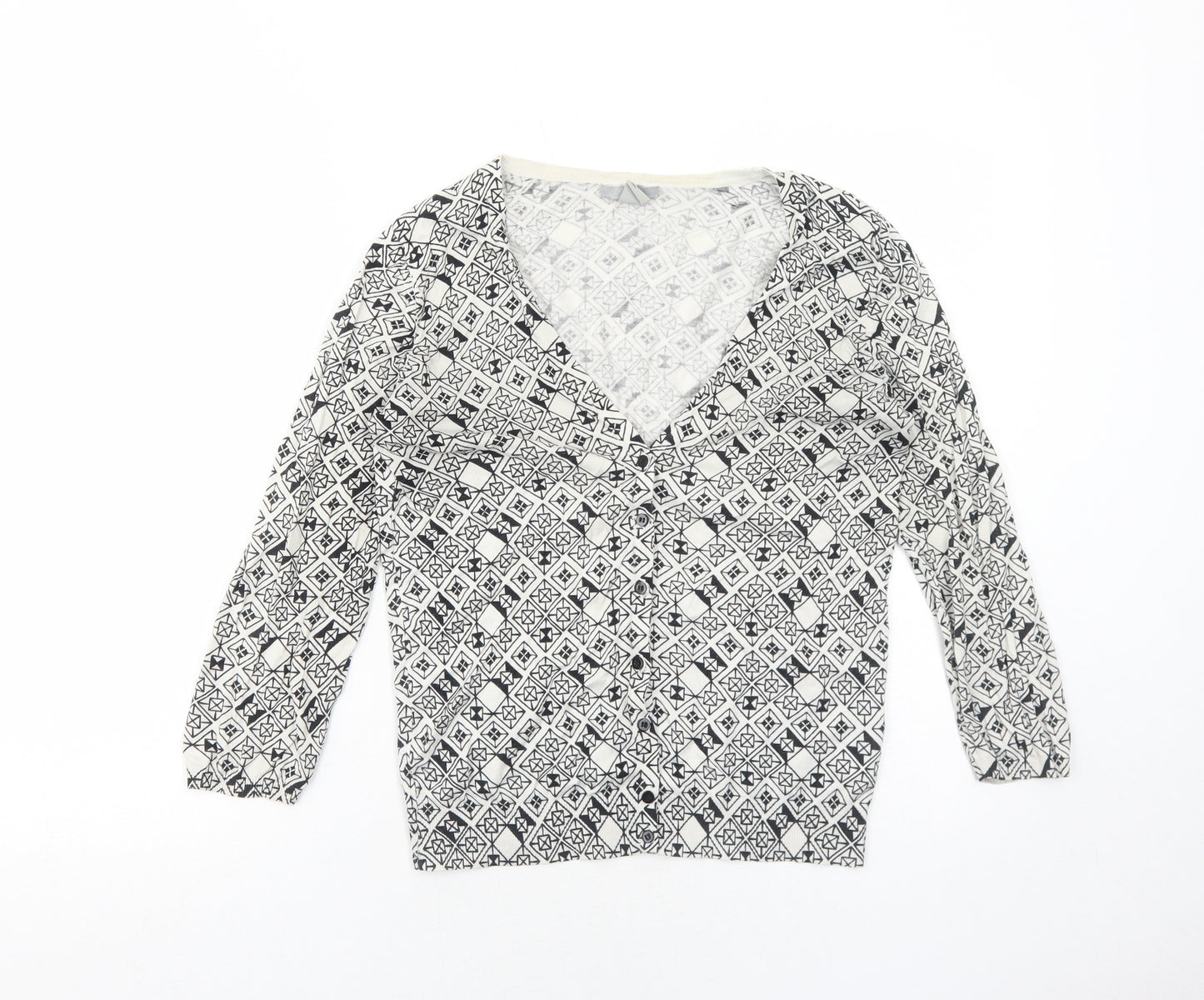 H&M Womens White V-Neck Geometric Cotton Cardigan Jumper Size M