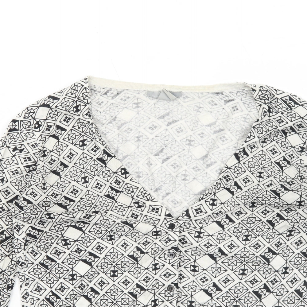H&M Womens White V-Neck Geometric Cotton Cardigan Jumper Size M