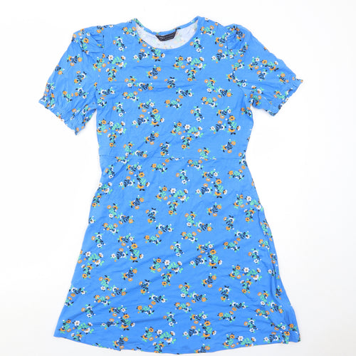 Marks and Spencer Womens Blue Floral Viscose Fit & Flare Size 14 Round Neck Pullover