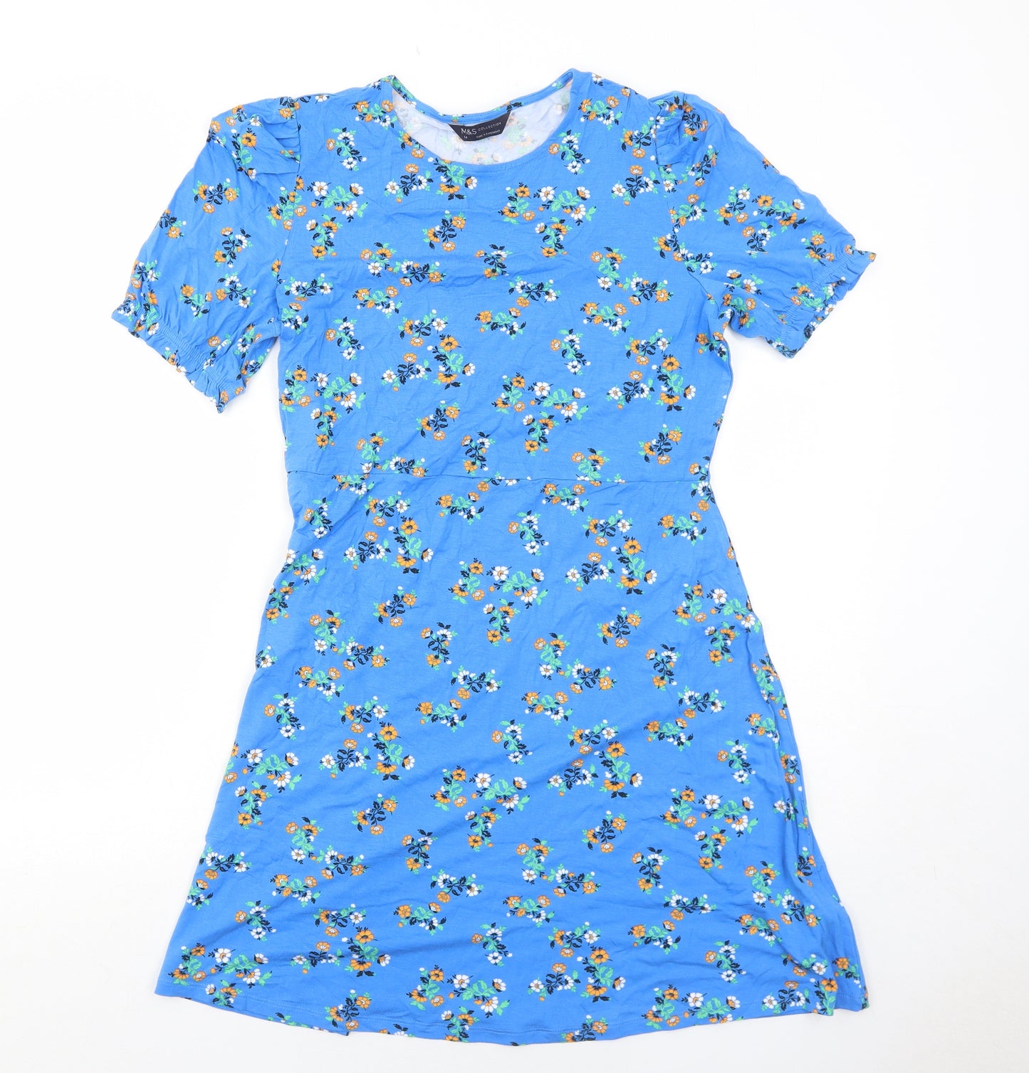 Marks and Spencer Womens Blue Floral Viscose Fit & Flare Size 14 Round Neck Pullover