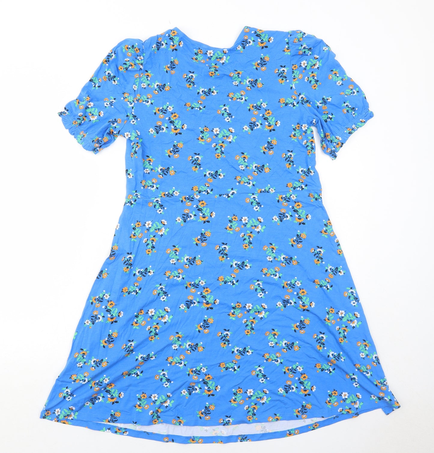 Marks and Spencer Womens Blue Floral Viscose Fit & Flare Size 14 Round Neck Pullover
