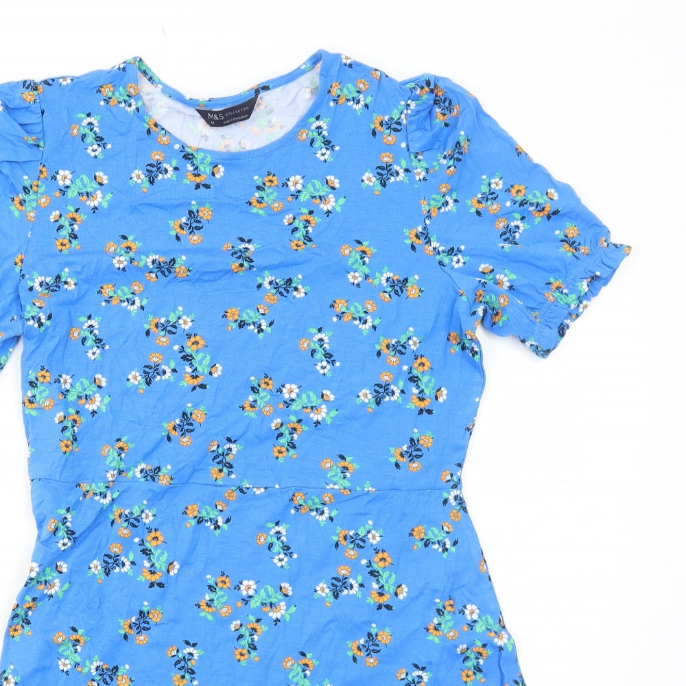 Marks and Spencer Womens Blue Floral Viscose Fit & Flare Size 14 Round Neck Pullover