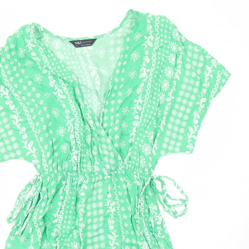 Marks and Spencer Womens Green Floral Viscose Trapeze & Swing Size 6 V-Neck Pullover