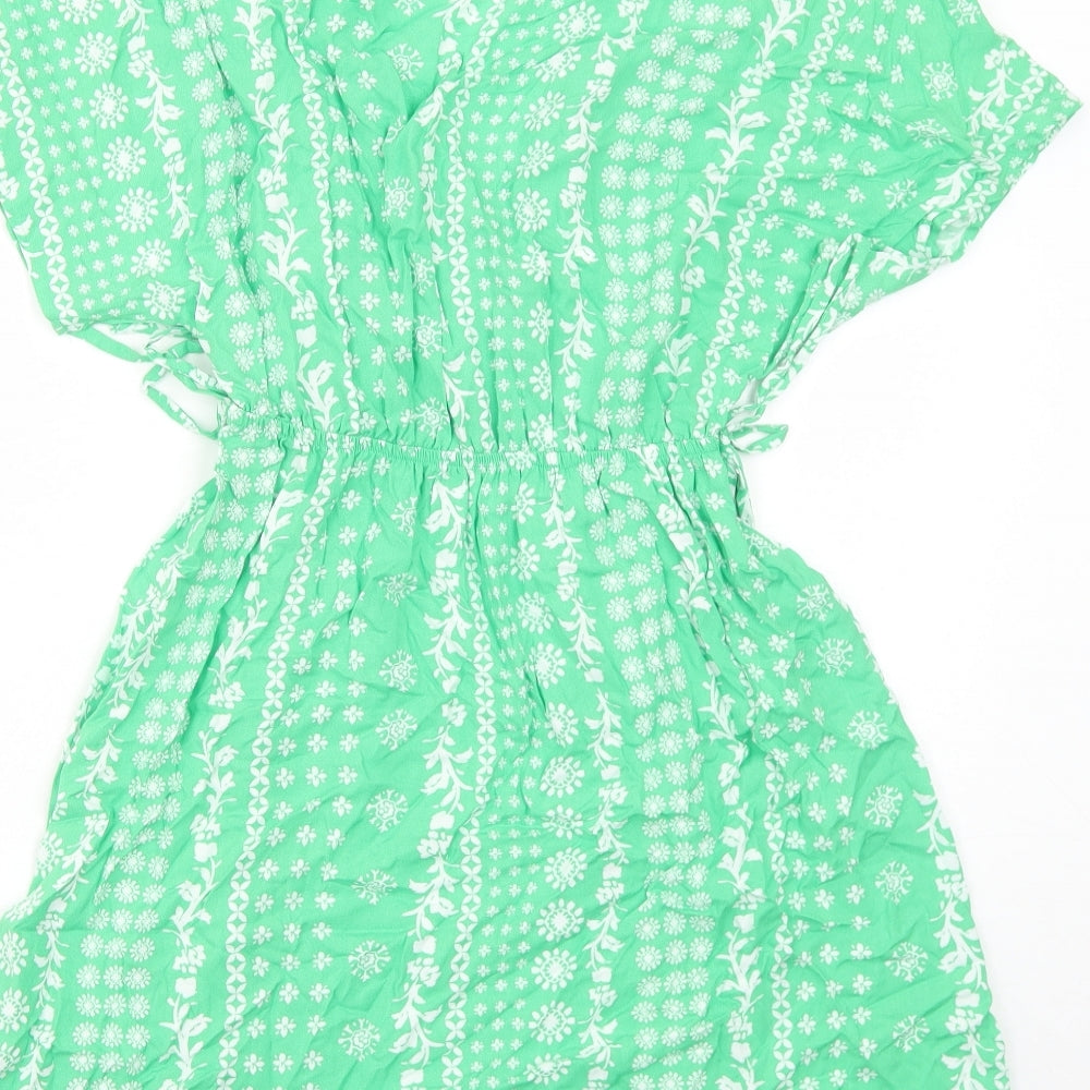 Marks and Spencer Womens Green Floral Viscose Trapeze & Swing Size 6 V-Neck Pullover