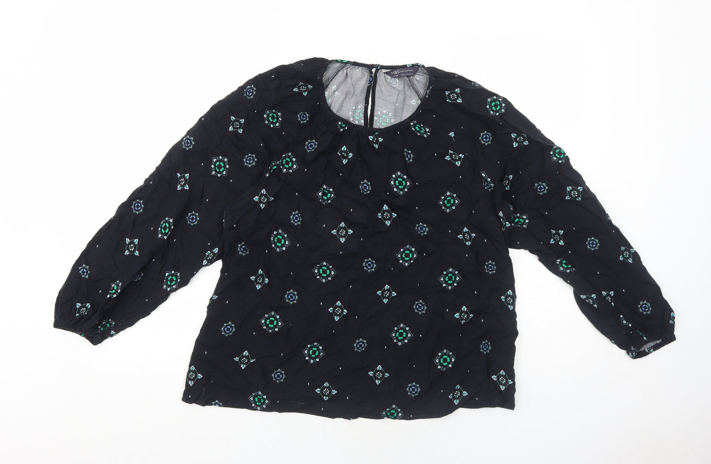 Marks and Spencer Womens Blue Geometric Viscose Basic Blouse Size 16 Round Neck