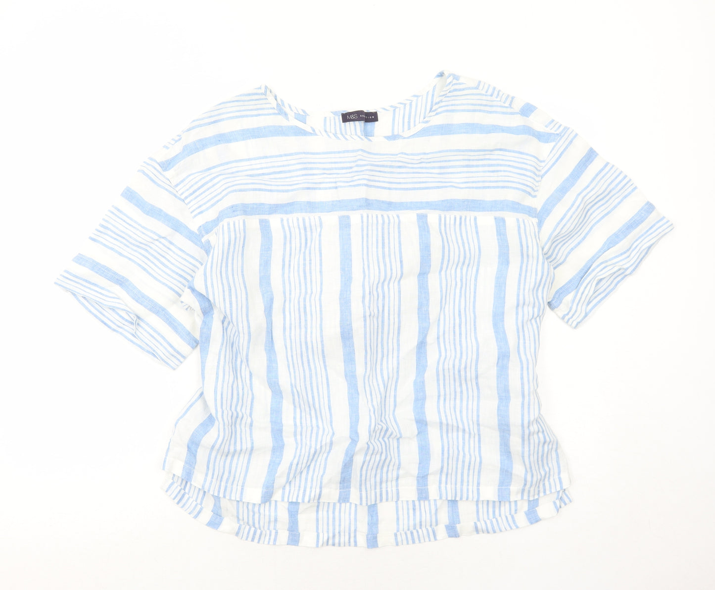 Marks and Spencer Womens Blue Striped Linen Basic T-Shirt Size 14 Round Neck