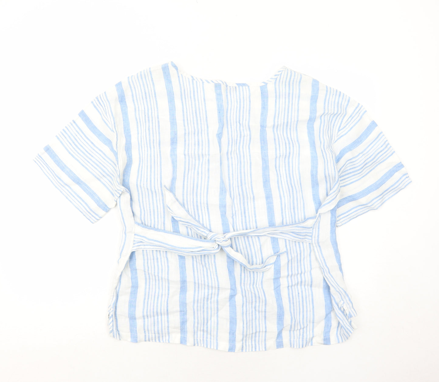 Marks and Spencer Womens Blue Striped Linen Basic T-Shirt Size 14 Round Neck