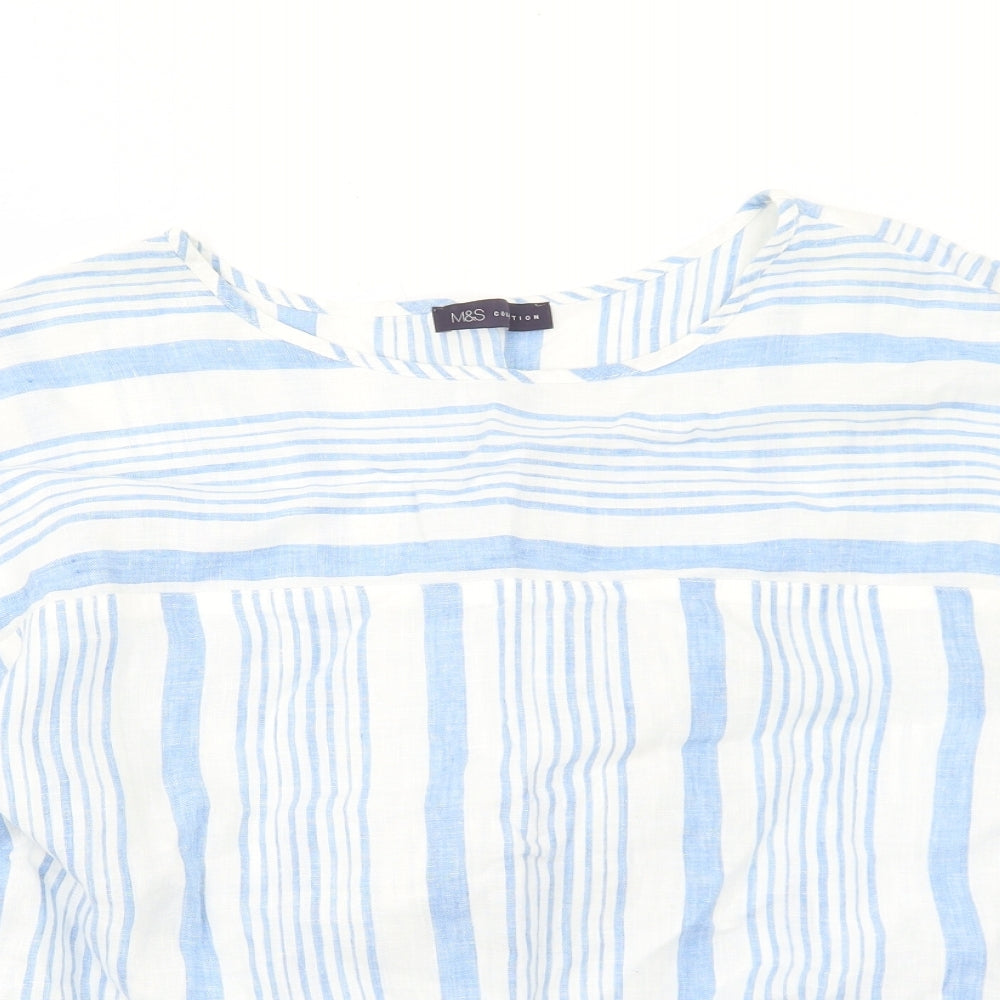 Marks and Spencer Womens Blue Striped Linen Basic T-Shirt Size 14 Round Neck