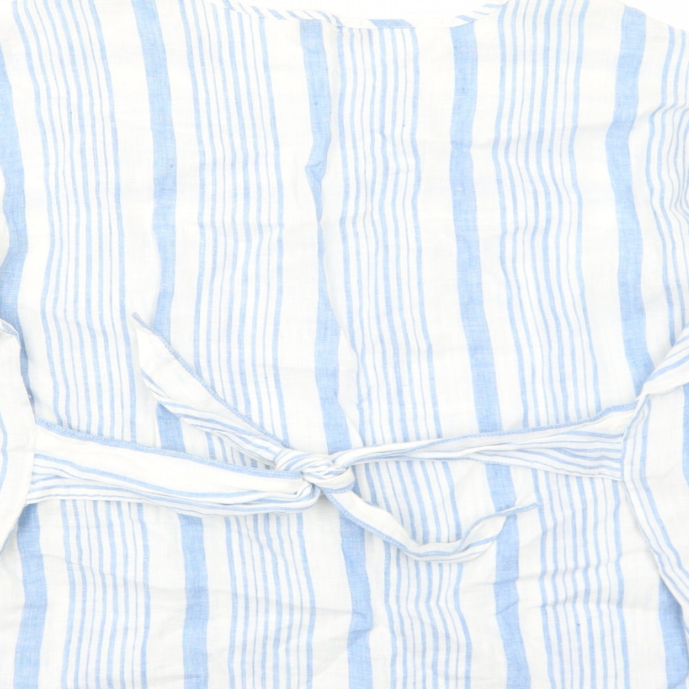 Marks and Spencer Womens Blue Striped Linen Basic T-Shirt Size 14 Round Neck