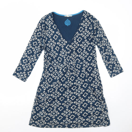 White Stuff Womens Blue Geometric Cotton A-Line Size 10 V-Neck Pullover