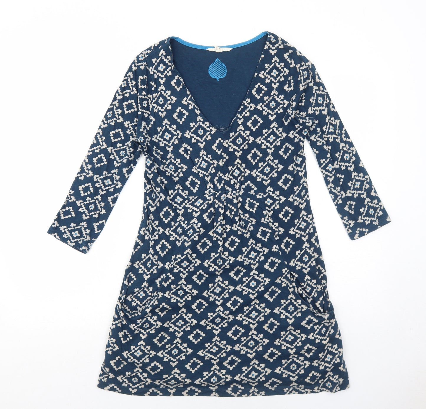 White Stuff Womens Blue Geometric Cotton A-Line Size 10 V-Neck Pullover