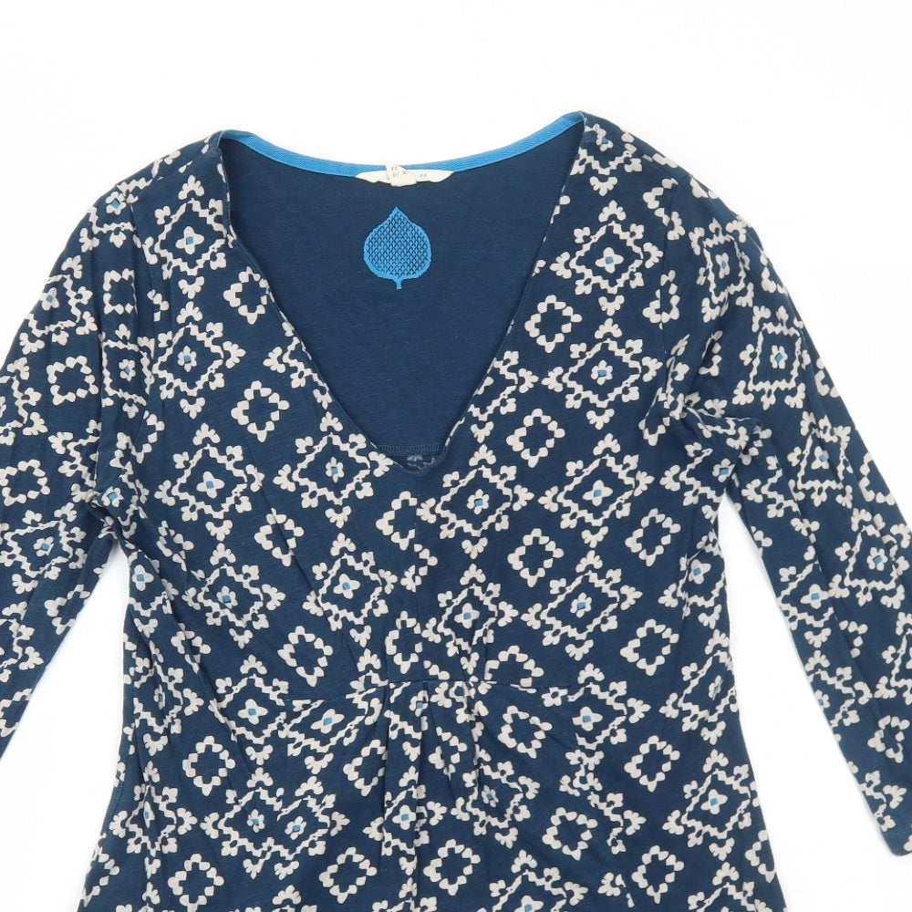 White Stuff Womens Blue Geometric Cotton A-Line Size 10 V-Neck Pullover