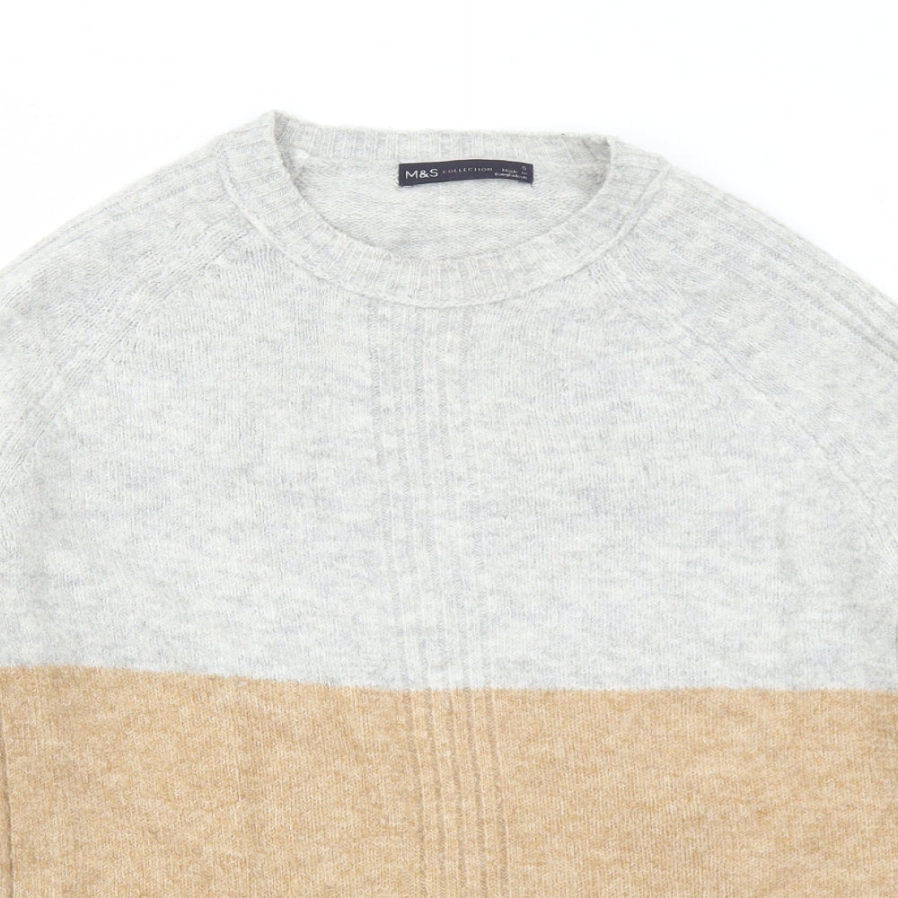 Marks and Spencer Womens Grey Round Neck Striped Acrylic Pullover Jumper Size S